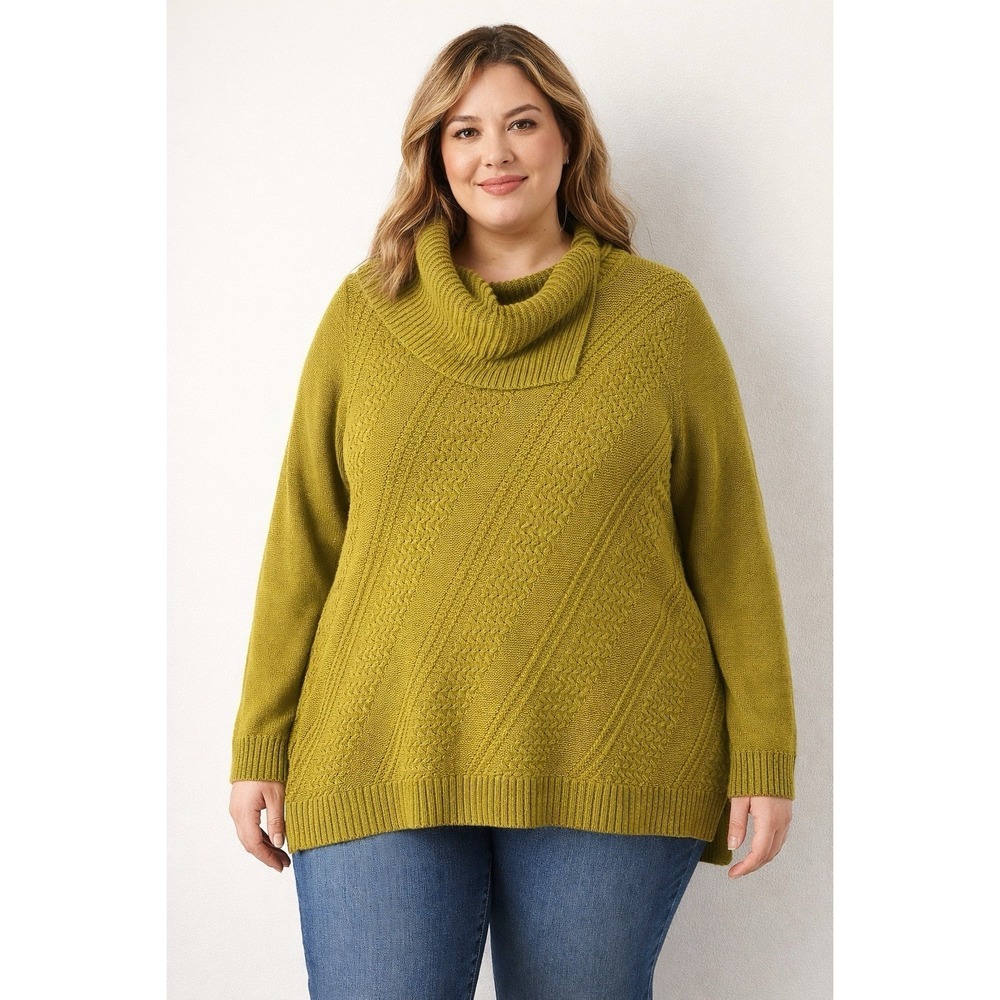 Coldwater Creek Women's Plus Sz 1X Olive Green Cowl Neck Textured Cable Knit Top